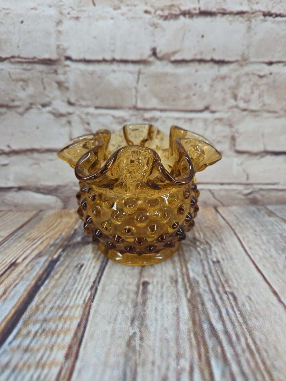 Vintage Fenton art glass Amber vase hobnail wave crest candle holder 4”